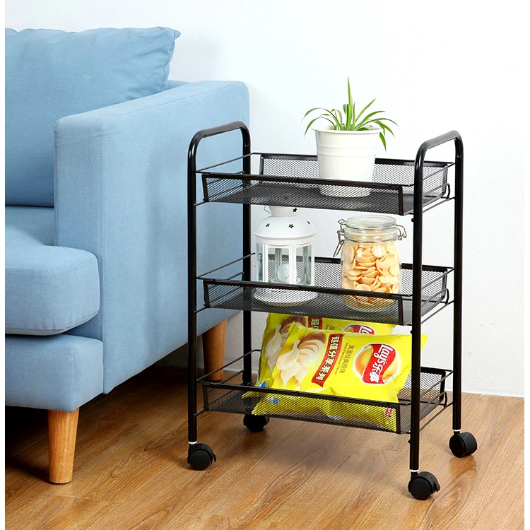 

Kitchen Bathroom White Black 4 Tier Basket Stand Trolley Rolling Storage Cart Shelf Kitchen Organizer Storage Holders, Black, white