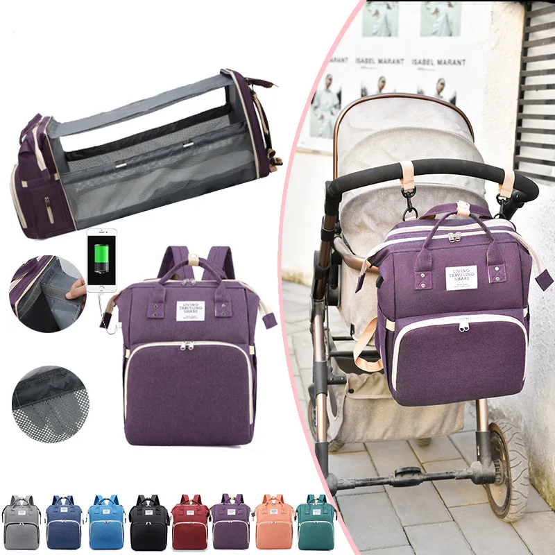

Folding Portable Baby Crib Bed Carry Cot Shoulder Bag Mommy Nappy Backpack Bagpack Nursing Diaper Bag with USB