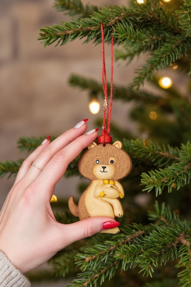 A tiny red and gold hamster wheel ornament with a happy cartoon-style hamster peeking out.