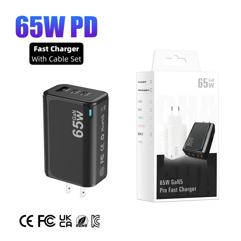 

65W PD fast charger EU US UK type-c multiple output adapter mobile phone travel wall charger For Pad phone 13 14 Charger Cable