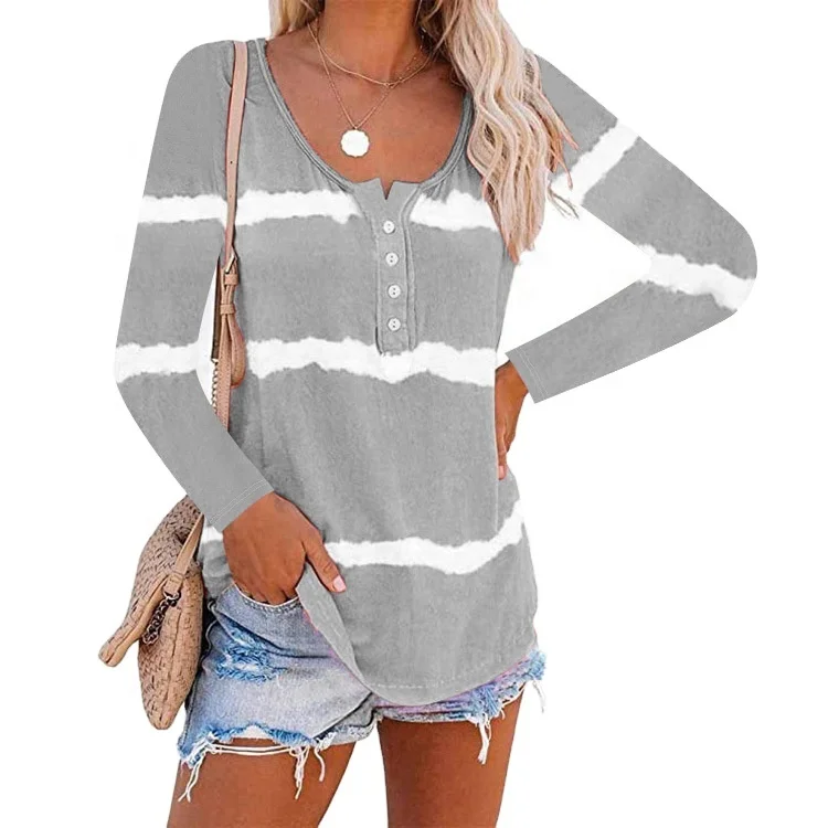 

Wholesale casual summer hot sale tie dye o-neck button printed striped top long sleeve shirt stylish loose for ladies, As picture