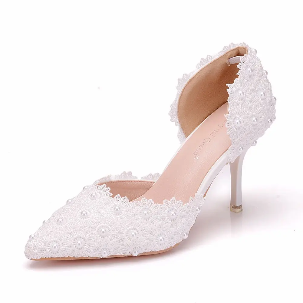 

Factory Sale Sexy Ladies Wedding Shoes Solid Color High Heel Pointed Lace Hollow Shallow Mouth Girls Pumps 2021