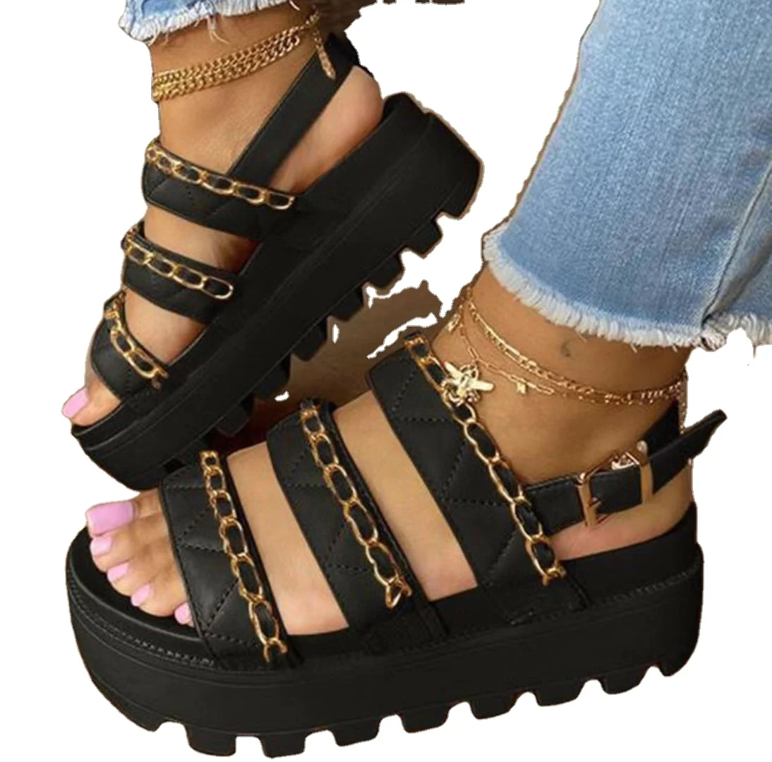 

2021 Ankle strap thick heel shoes woman casual leather beach chain sandal women fashion chain platform sandals