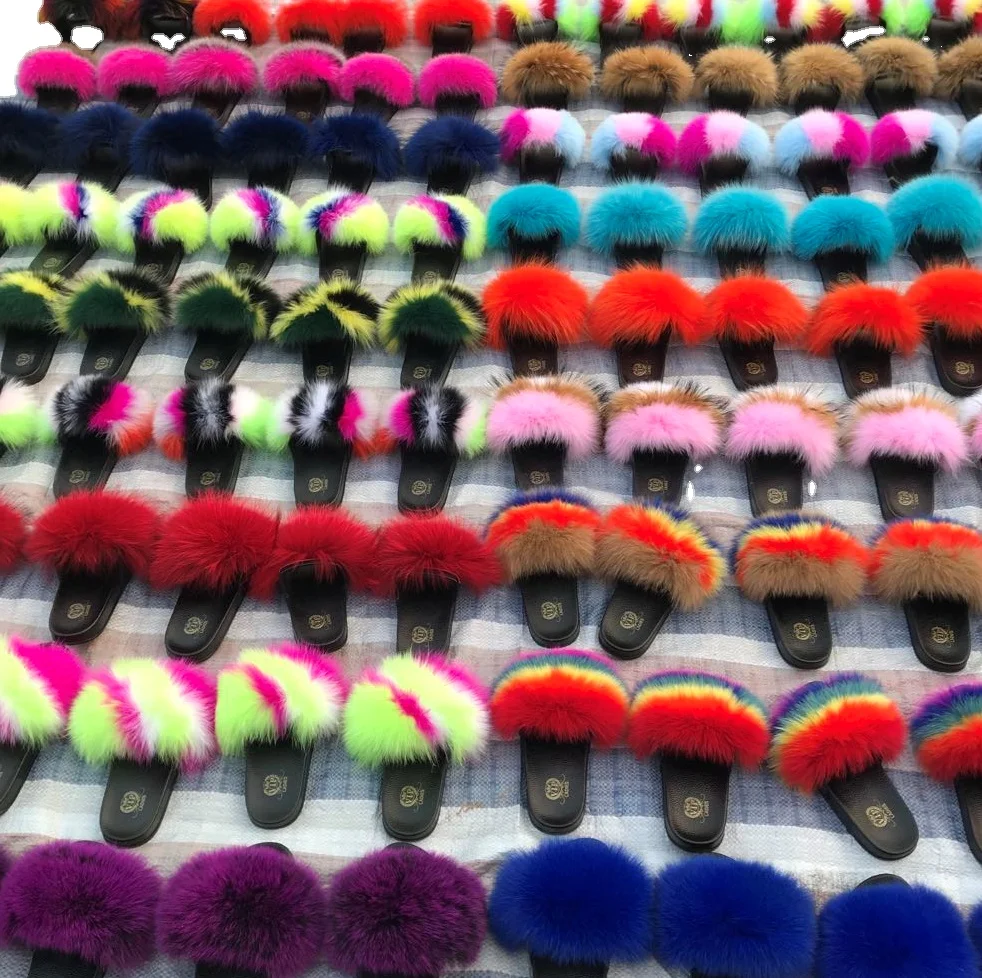 

2021 fashion fur slide custom logo designer for women girl fox fur slippers slides wholesale home slippers fox fur slides, Customized color