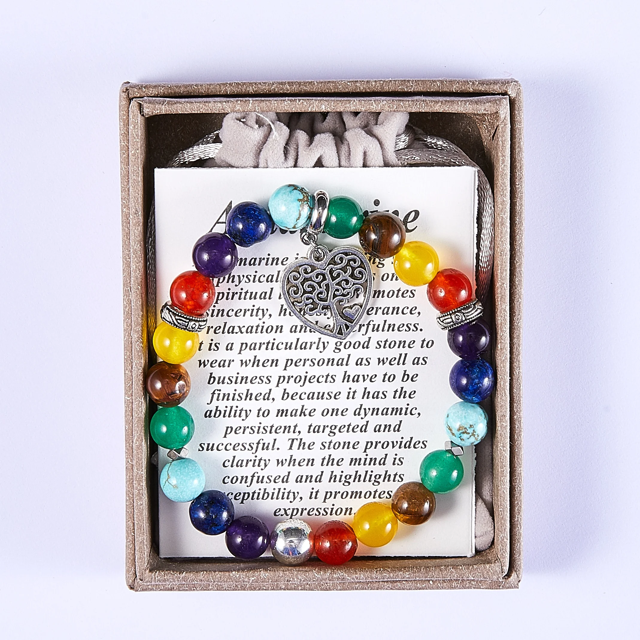

Factory Custom Women Stone Bracelet with Gift Box Healing Natural Stone Chakra Beads Lovely Heart Bracelet Tree Life, As photo