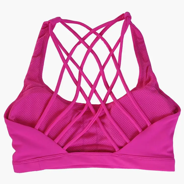 

Mesh hollow design Backless skin friendly Yoga vest bra with cushioned shock and gathered back breathable cross sport bra, Pink,rose red,purple,black