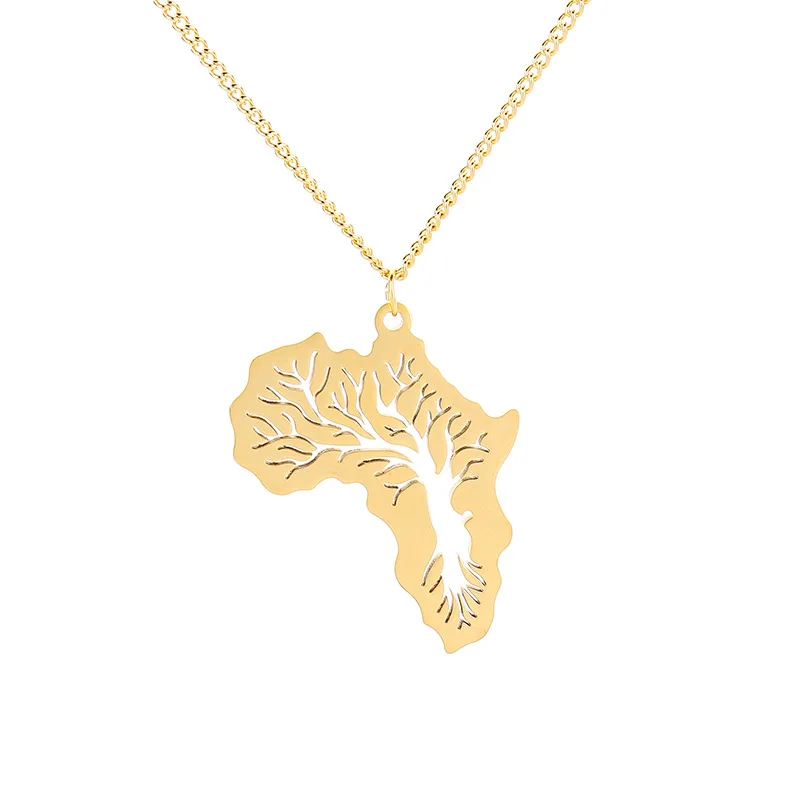 

Men 316l Stainless Steel Gold Plated Tree of Life Necklace African Map Necklace for Ethiopian Jewelry