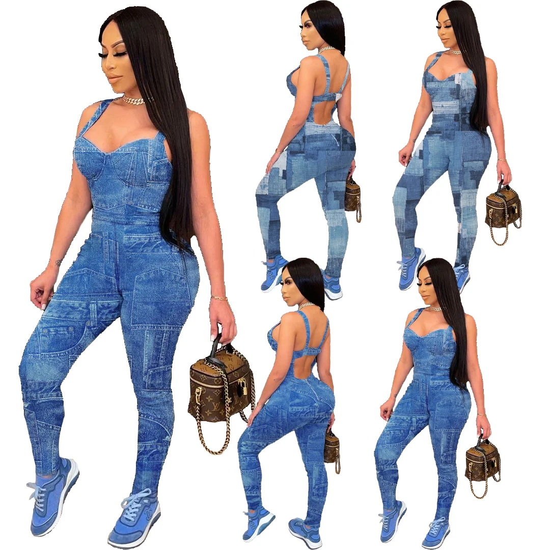 

Spring/summer 2021 new European and American women's fashion halter denim printed jumpsuit, As picture or customized make