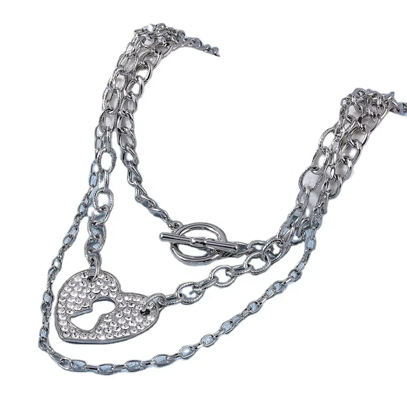 

Obei Women Jewelry Heart Pendant Layers Chain Necklace Rhodium Plating Zinc Alloy Trendy Layers Choker Necklace Daily Wearing, Rhodium plating necklace