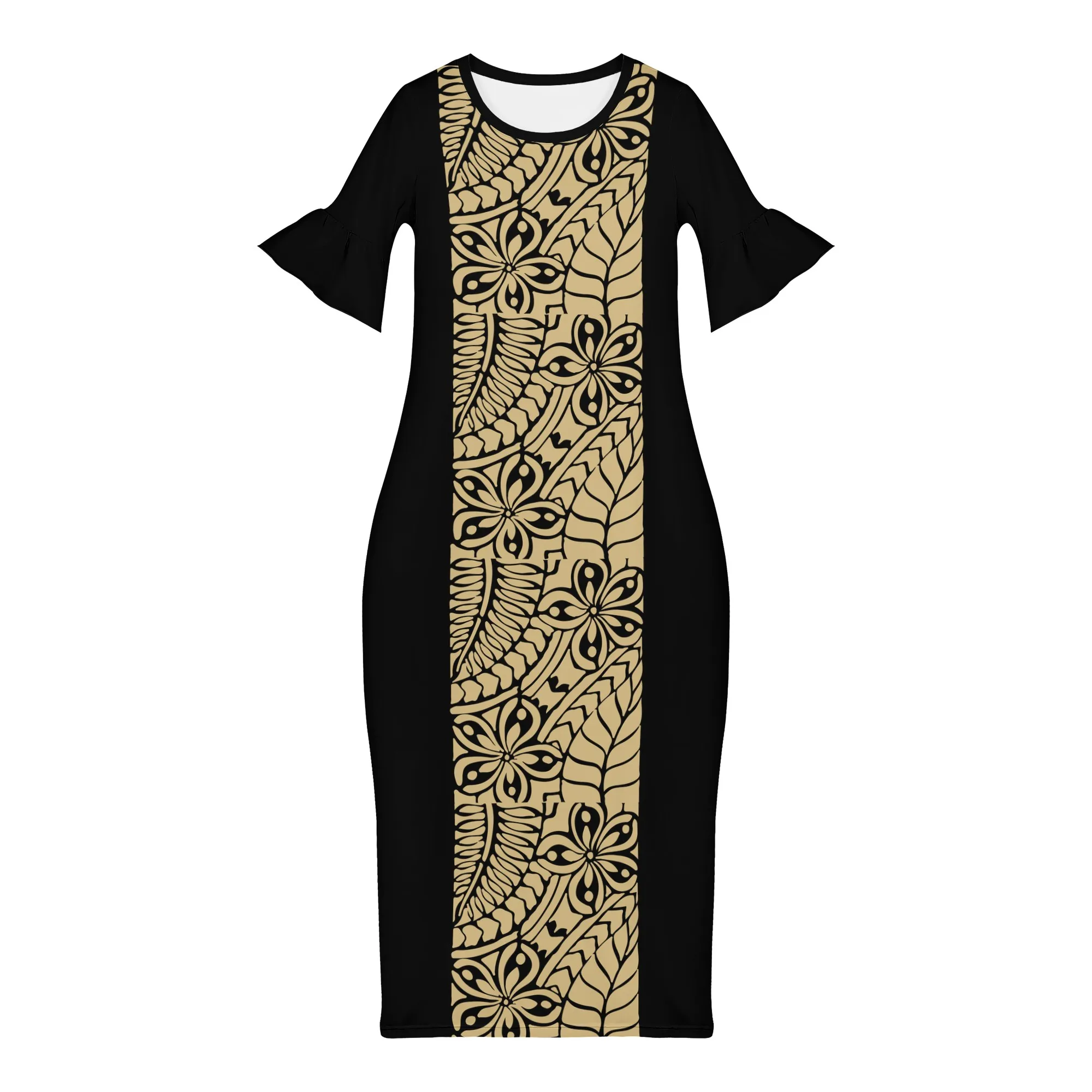 

Customize Printed Logo Oem Dress Brown Polynesian tribal tattoo dresses Ladies Flare Sleeve Round Neck Casual Mini Bodycon dress, Customized color