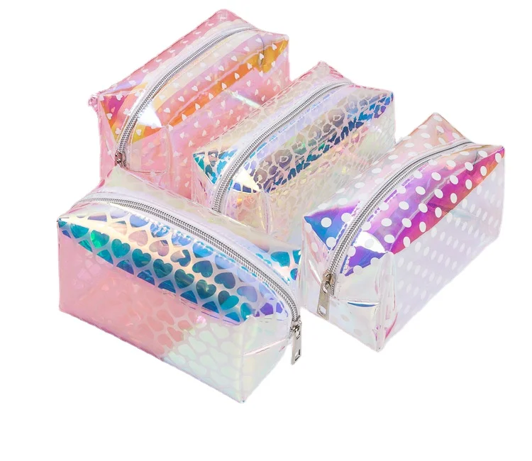 

2022 New Fashion travel holographic travel cosmetic bags rainbow makeup bag transparent laser cosmetic pouch, Holographic color, dots, heart, cheetah