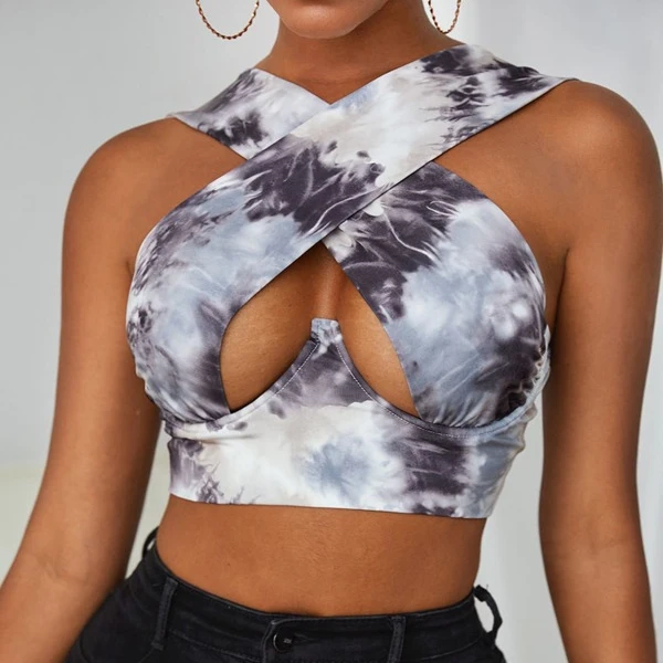 

New 2021 fashion deep V neck sleeveless cross wrap hollow out hole sexy corset tie dye print crop top for women