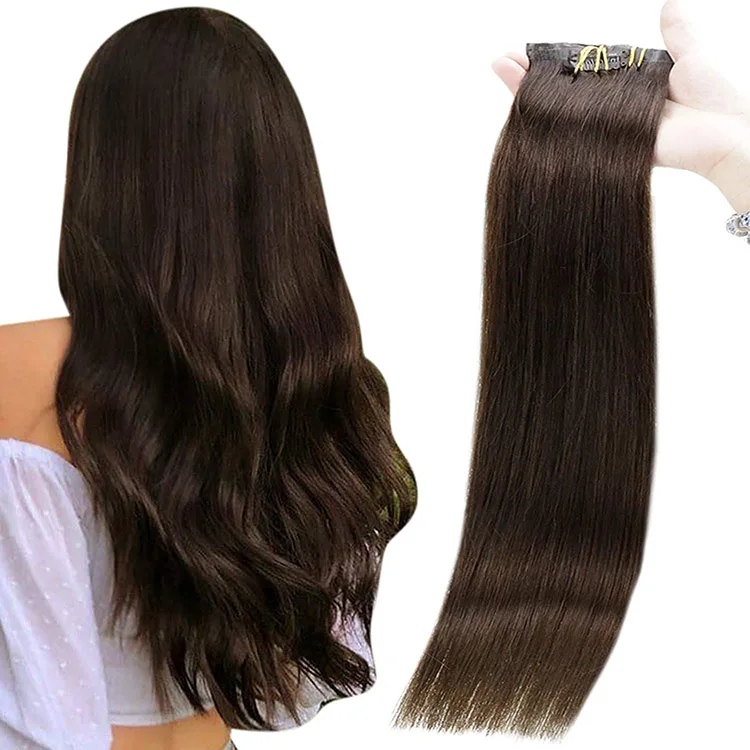 

Full Shine Factory Direct Sales Clip Hair Extensions #2 Darkest Brown Seamless PU Clip in Remy Human Hair