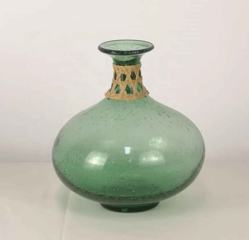 

wholesale stock hand blown 100% Recycled green bubble glass bottles bud vase with paper rattan effect, Green colored