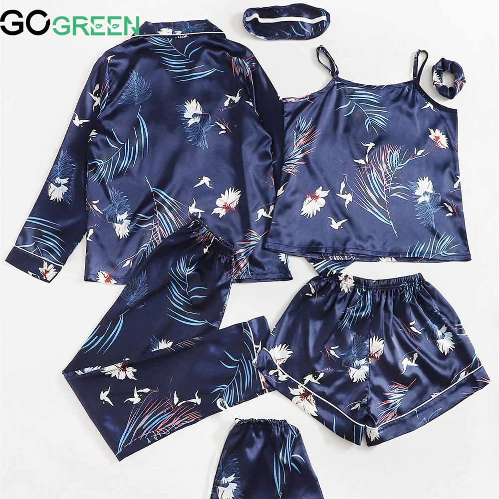 

Floral Printed 7 Pieces Homely Comfortable Skin-friendly High Collar Satin Sexy Pajamas
