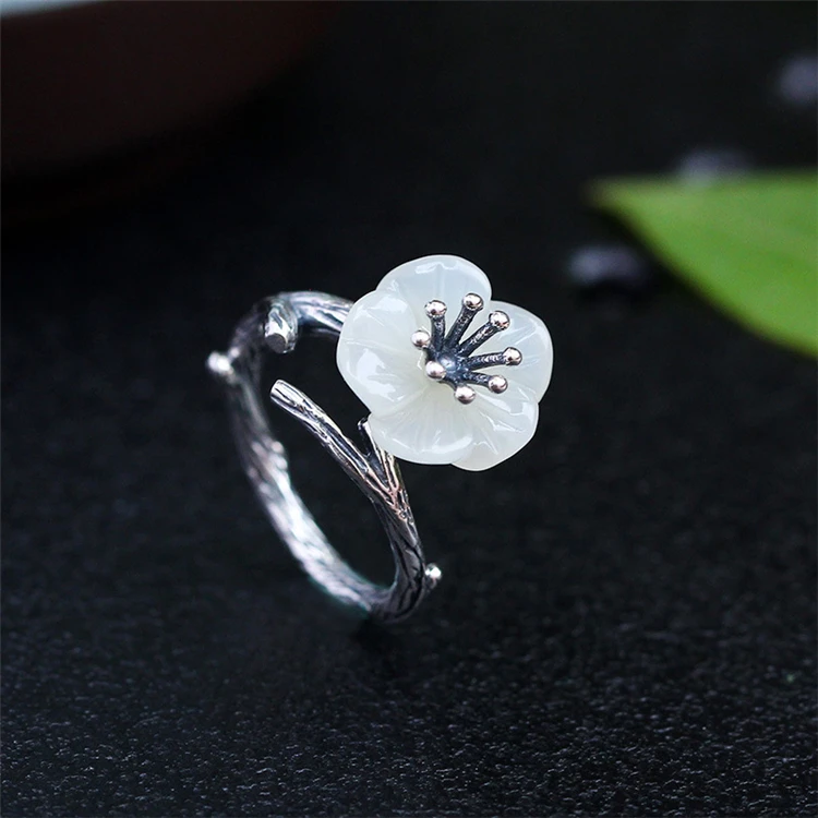 

S925 sterling silver retro inlaid Hetian jade plum blossom Women's Open ring wholesale AP2