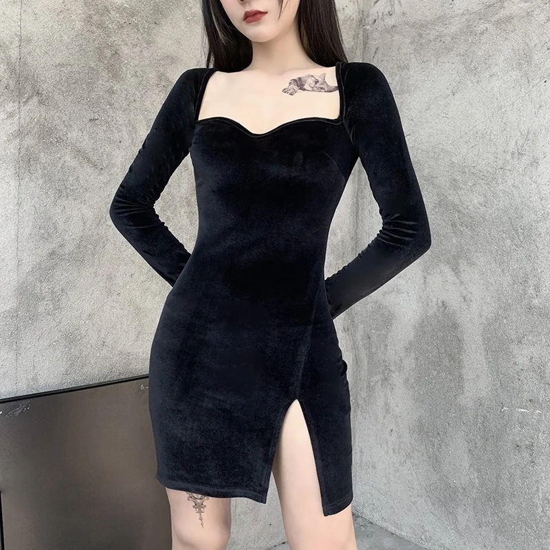 

china supplier high quality wholesale best price women sexy slit long sleeve square collar black velet package buttocks dress