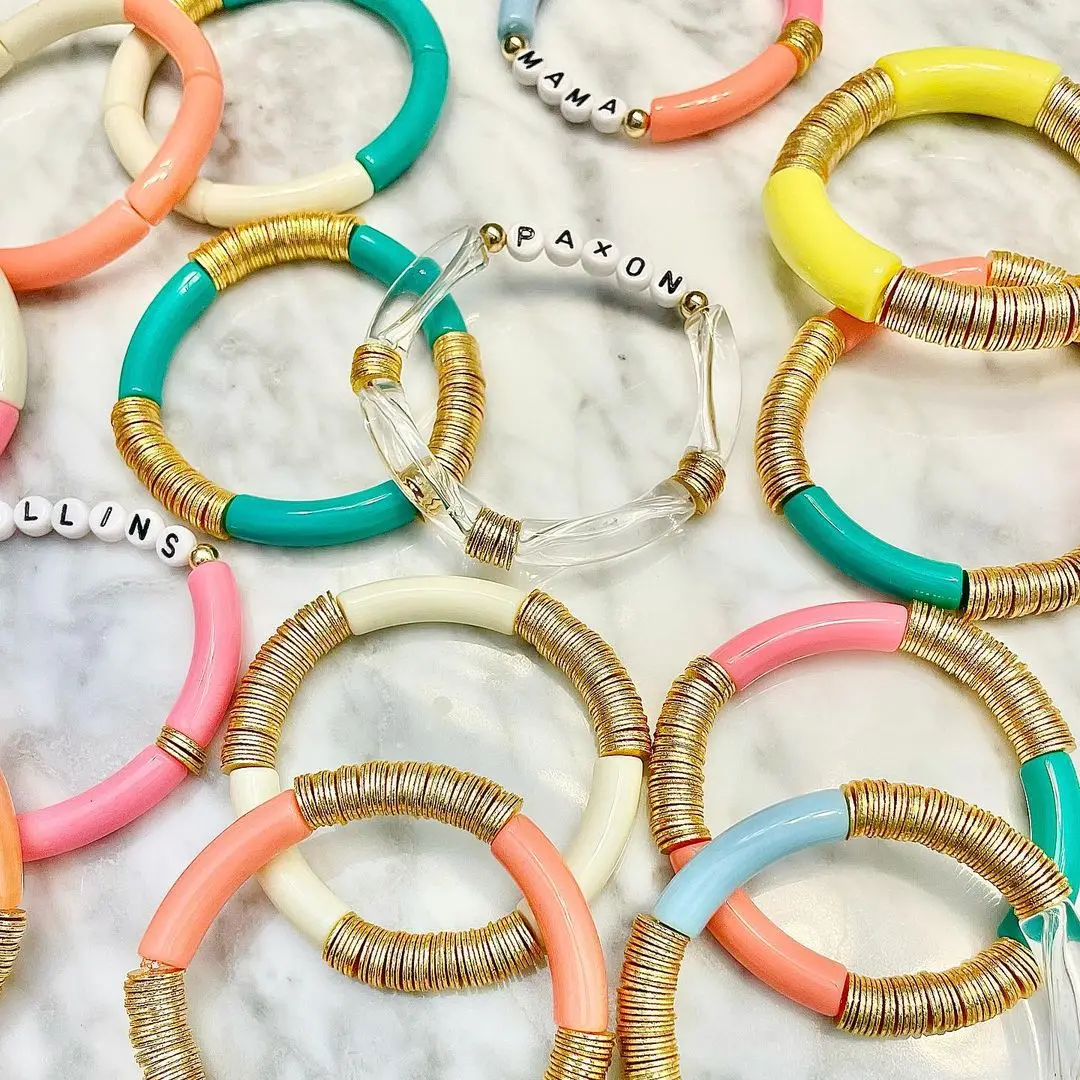 

2022 New Arrival 8 mm Lucite Curved Tube Bangles Bracelet Skinny Thin Acrylic Bamboo Bead Stackable Bracelets Women Jewelry, Customized color