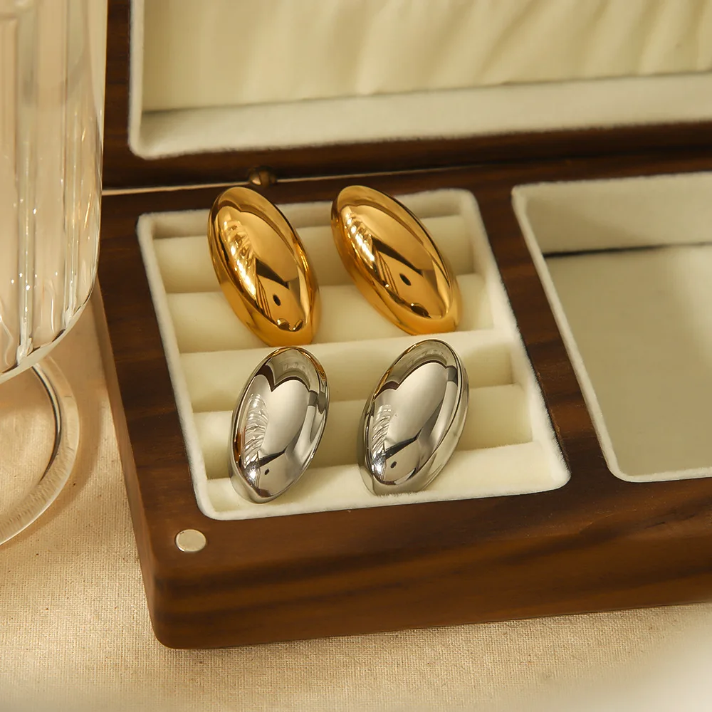 YF3742 Fashionable Waterproof Jewelry Stainless Steel 18k Gold Plated Hypoallergenic Geometric Oval Bean Earrings