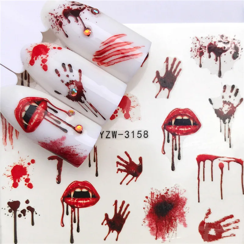 

YWK 1 PC Halloween Nail Sticker Water Self Adhesive Nail Art Tattoo Big Lips/palms Decals for DIY Decor Wraps, Picture shows