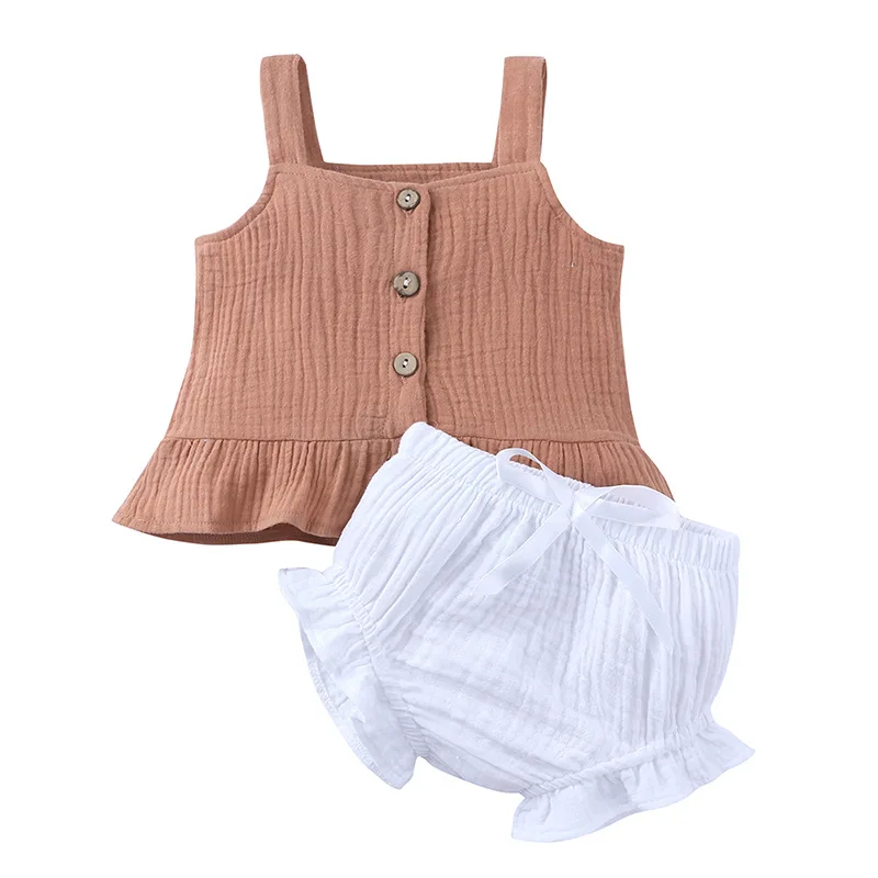 

Summer Baby Clothing Sleevesless Shirt Top With Shorts 2Pcs Ribbed Knitted Cotton Girls Outfits, Customized color