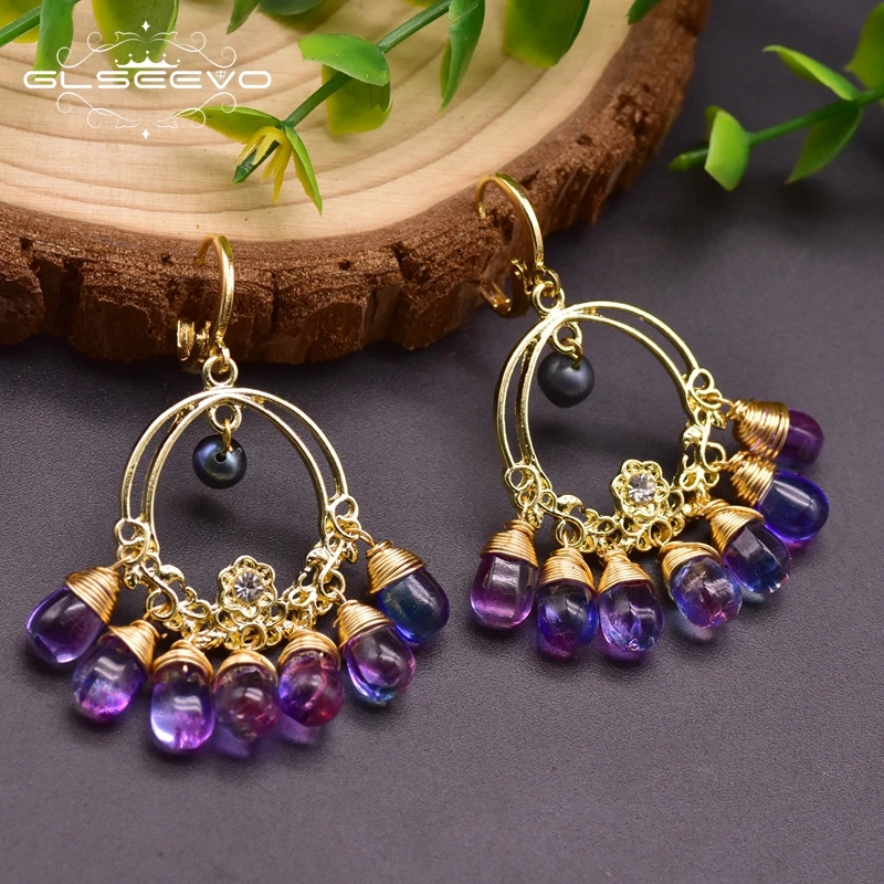 

Natural Purple Crystal Round Drop Earrings For Women Lovers Engagement Natural Pearl Girls Luxury Vintage Jewelry earrings bulk