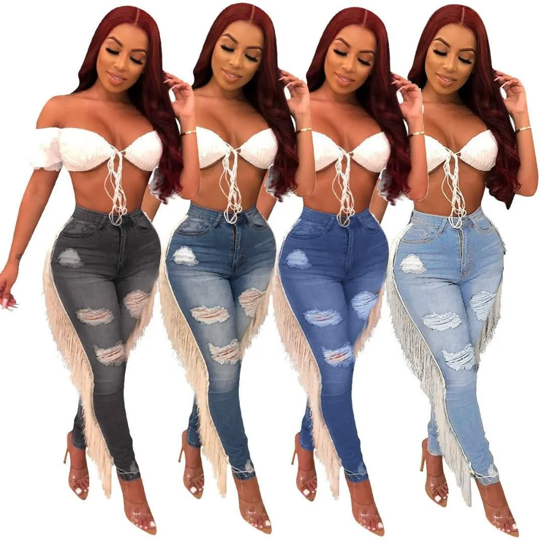 

Nightclub sexy women denim jeans high waist skinny pants ladies denim ripped holes pencil pant fringe washed jeans female jeans
