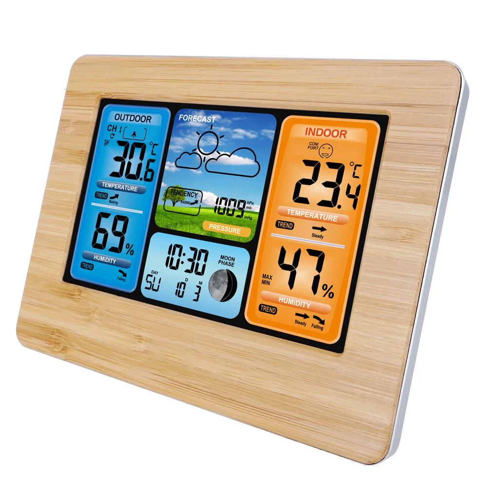 

Digital Color screen weather forecast clock bamboo face radio wave clock electronic alarm weather clock calendar