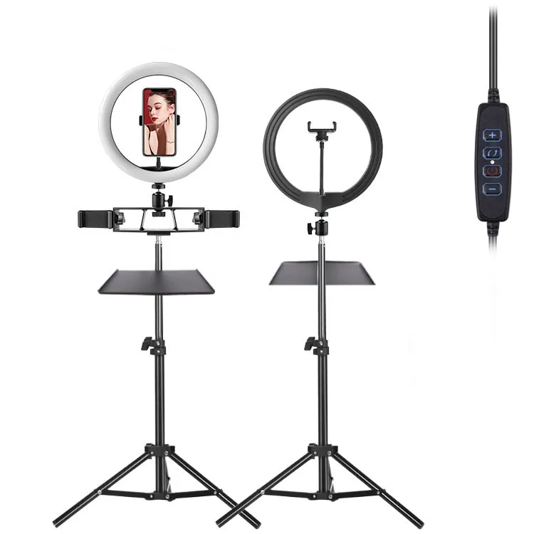 

12 inch LED circle selfie photography ring light with tripod stand 3 phone holder sound card tray Fill Light for video live, Black colour