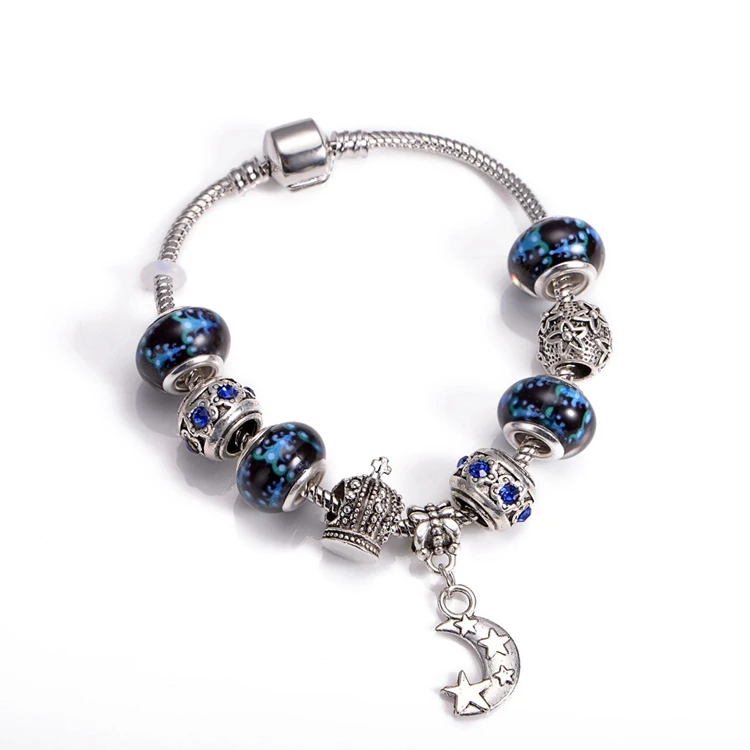 

NUORO Exotic Fashion Retro Blue Round Crown Cross Large Hole Beads Female Jewelry Ethnic Charm Star Moon Pendant Bangle Bracelet