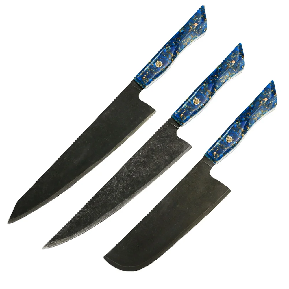 

10CR15CoMOV 3 LAYERS HIGH CARBON STEEL BLACK BLADE KITCHEN KNIFE SET