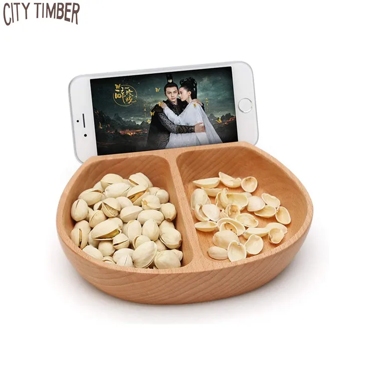 

wood nuts candy chocolate platter serving tray snack bowl with mobile phone holder cell phone stand, Natural wood color