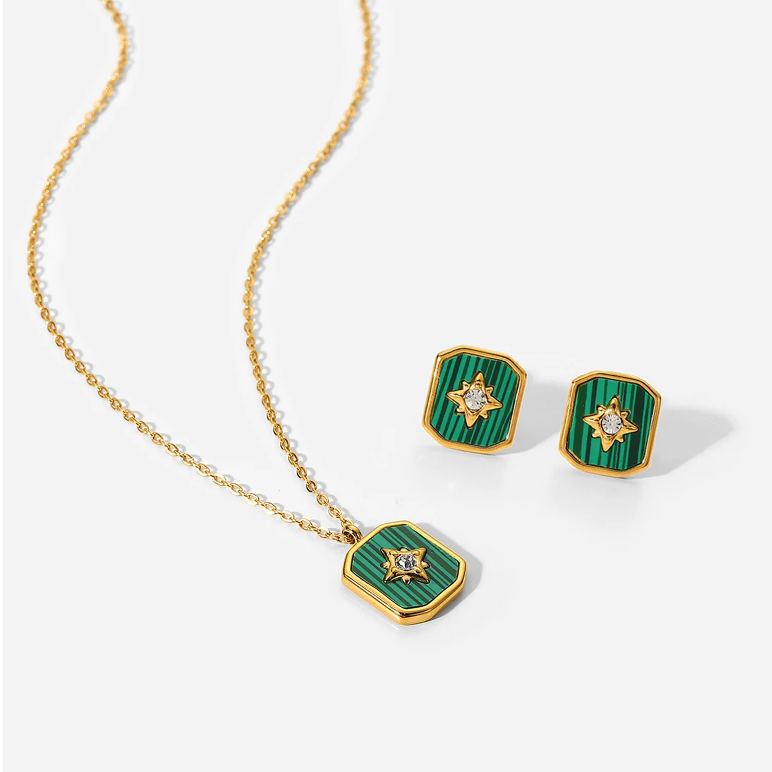 

Retro Octagonal Zircon Inlaid Thin Chain Stainless Steel Gold Plated Green Malachite Necklace Series Stud Earrings Necklace Set