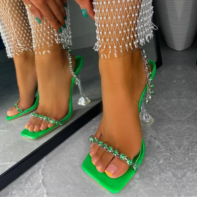 

Summer 2022 PVC transparent open toe crystal glass chunky heels high quality classic rhinestone ladies buckle sandals