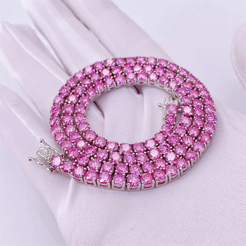 Iced Out Pass Diamond Tester Pink VVS Moissanite Diamond 3MM 4MM Sterling Silver Necklace Chain Tennis Chain