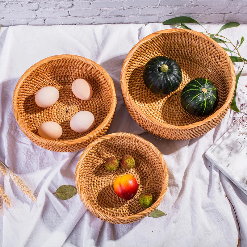 

Manufacturer Wholesale Fruit and Snack Hand-Woven Round Rattan Placemats Wicker Portable Picnic Storage Basket Rattan Trays, Natural color