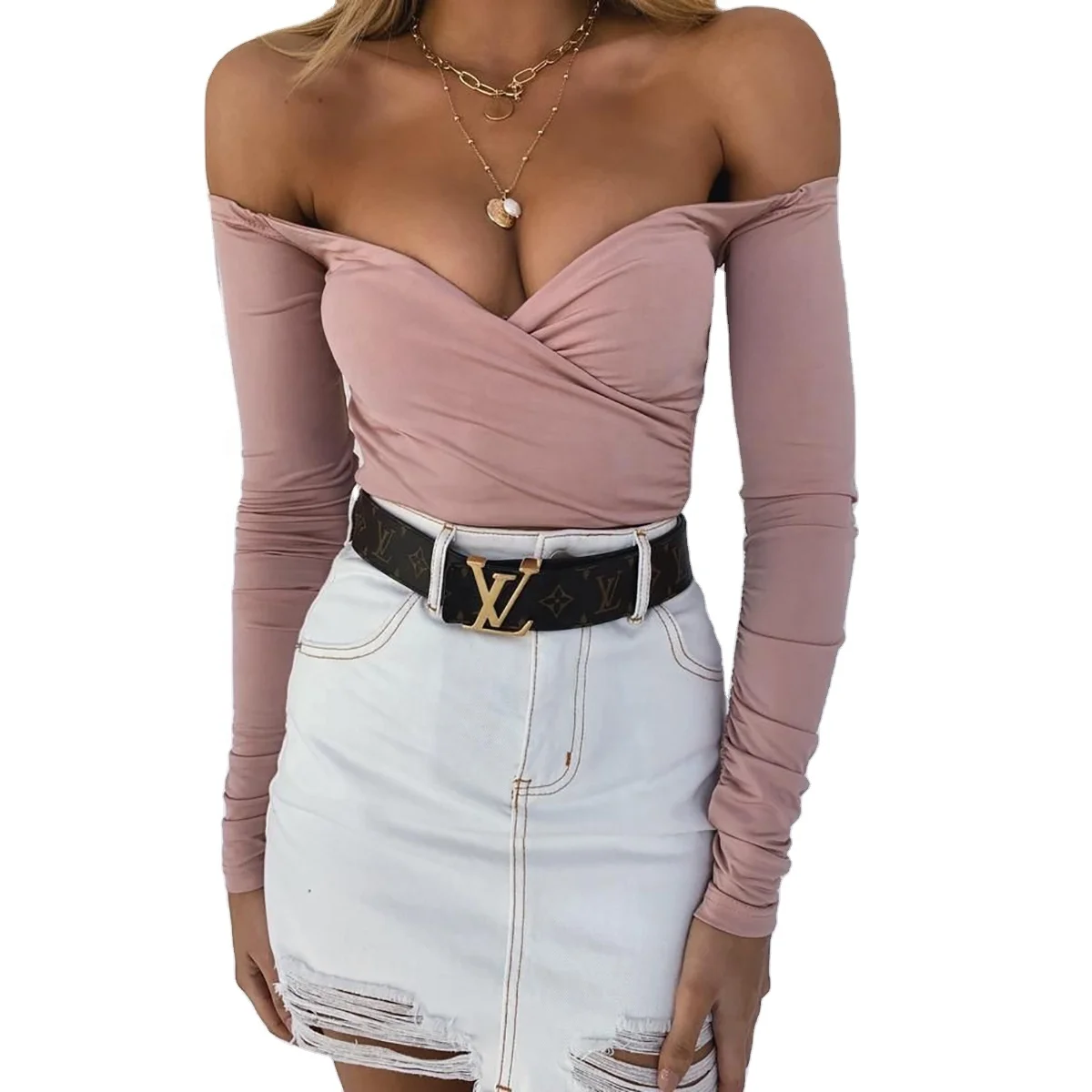 

Manqi Off Shoulder Straps Slim Women Tops Women Clothes Sexy Ruffle Low Cut Backless Blouse Deep-v Cross Sexy Summer for Women