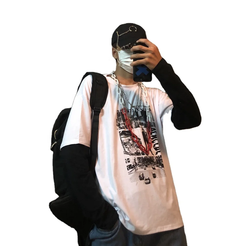 

2021 hot spring autumn Korean ins trend hip-hop print two-piece tops wild loose long-sleeved T-shirt for men and women