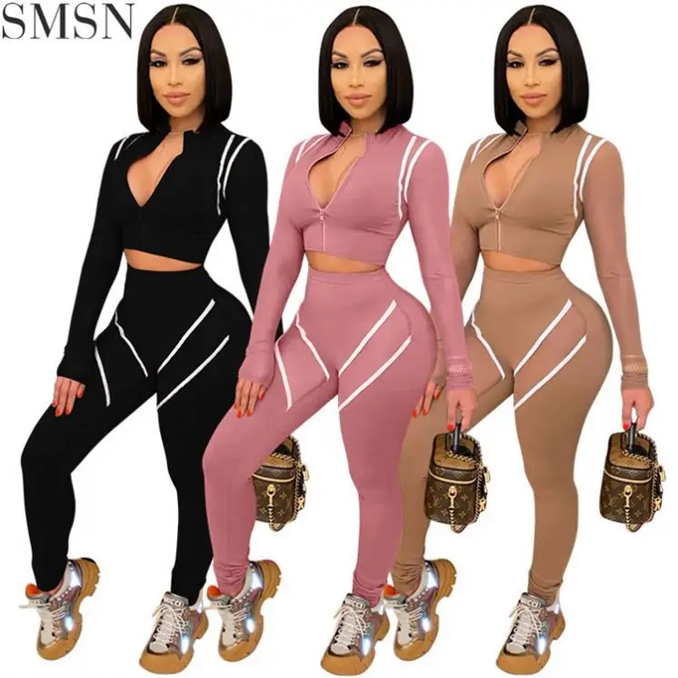 

New Arrival 2021 Solid Color Printing Zipper Bodycon Long Sleeve Crop Top Two Piece Pants Set Two Piece Matching Set
