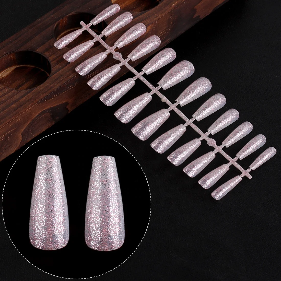 

24 pcs of UV Phototherapy Ballet Nail Hair Embryo Full Cover Wear Fake Nails Coffin T type Nails, Multiple colour