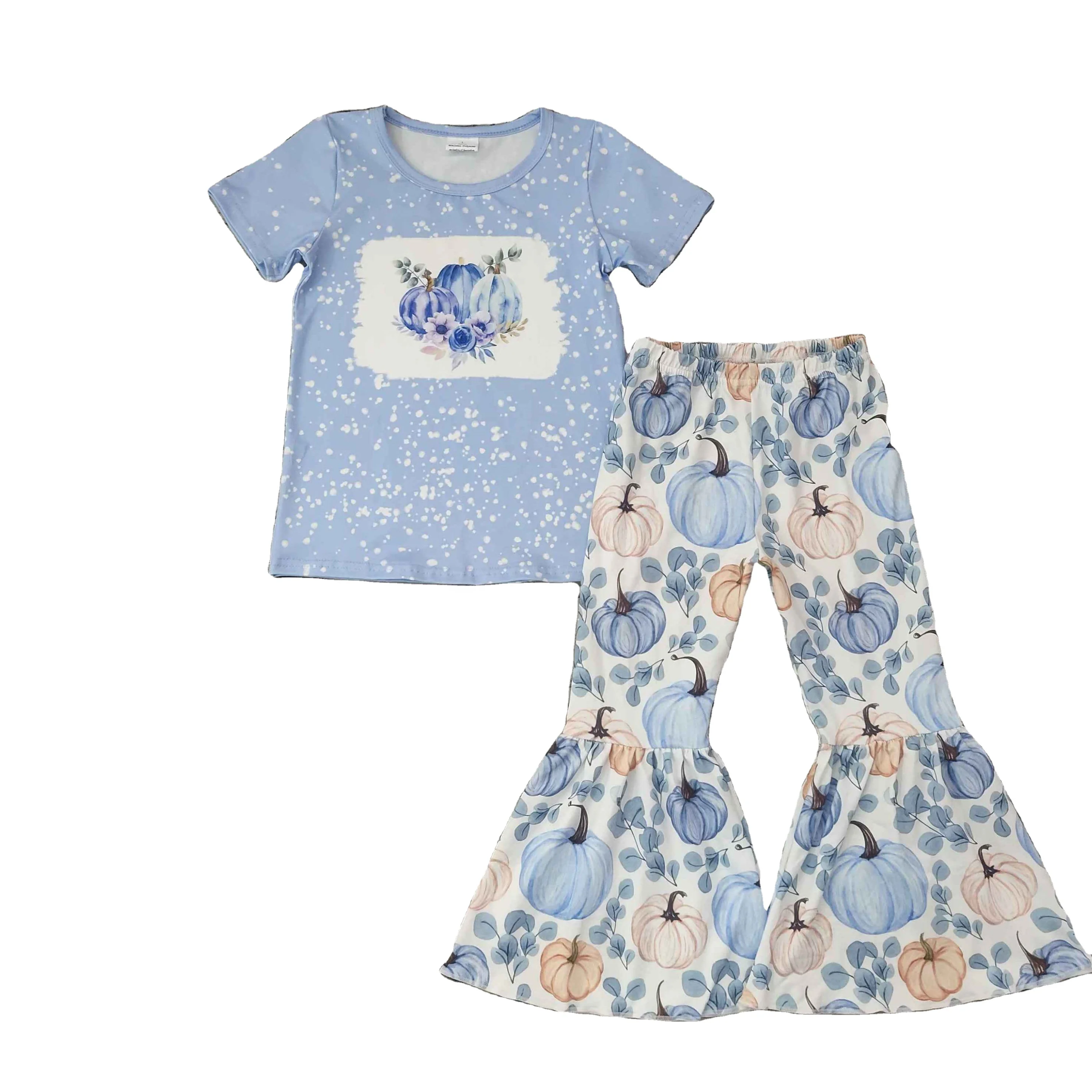 

Wholesale Halloween New Hot Style Girls Blue Pumpkin Bleach Short Sleeve Top Bell Bottoms Milk Silk Boutique Set Clothes