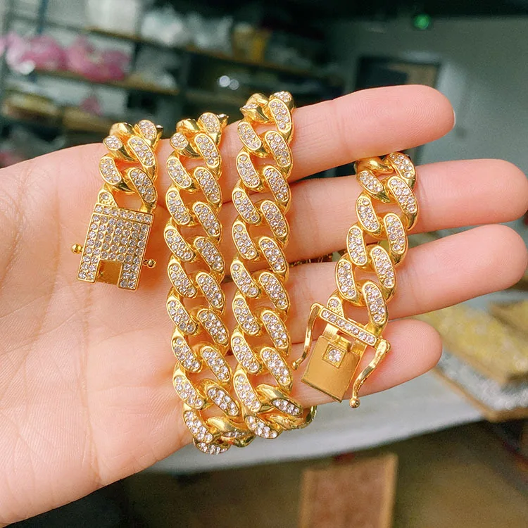 

CAOSHI 2021 Luxury 13mm CZ Cubic Cuban Link Chain Bracelets Silver Gold Miami Bracelet Luxury Cuban Necklaces For Men Women