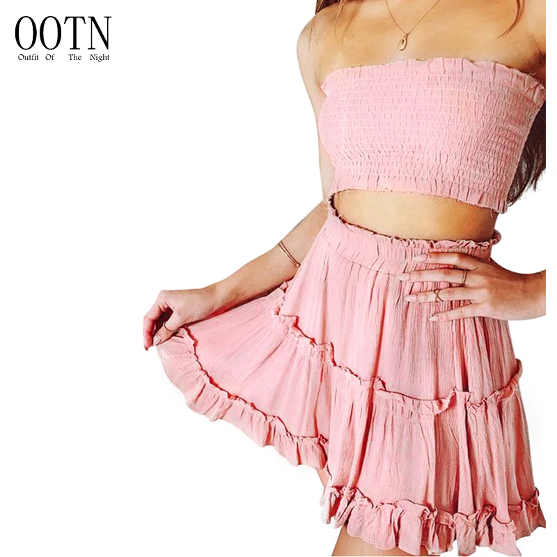 

OOTN Pink Ladies Sleeveless Crop Tops High Waist Ruffled Skirt Tube Top Summer Top And Skirts Two Piece Set 2 Piece Set Women