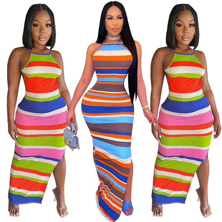 

10502-SW79 sehe fashion women dresses knitting backless casual color striped maxi dresses, 2 colors