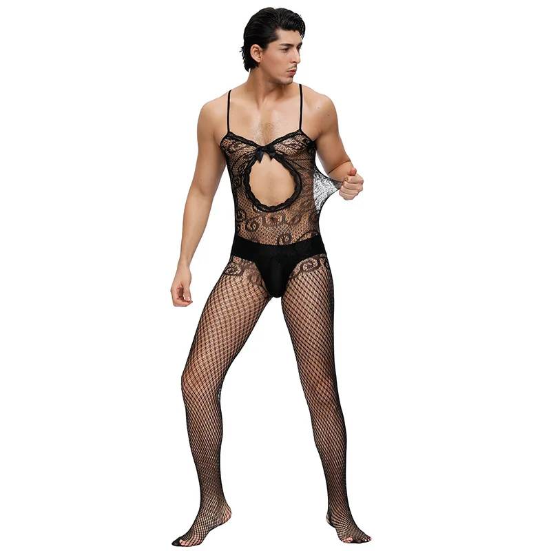 

Bra underwear set one piece stockings men's sling hollow out fun stockings jacquard mesh lace lounge underwear set