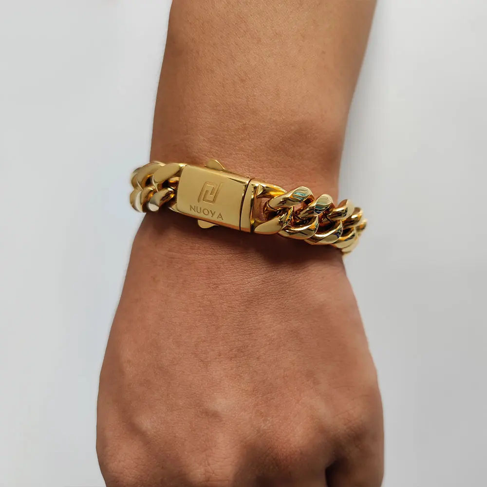 

Nuoya Custom Hip Hop Cuban Chain Stainless Steel Men Bracelet 18K Gold Plated Cuban Link Bracelet, Gold color/silver color