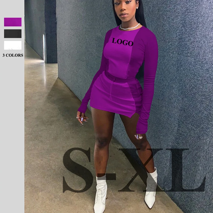 

Fall 2020 Contrast Color Long Sleeve T Shirt Two Piece Skirt Set Women Clothing, Can do as your require