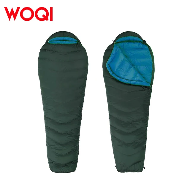 WOQI Wholesale Customized Warm Filling Down Outdoor Camping Waterproof Mummy Sleeping Bag with Side Zipper
