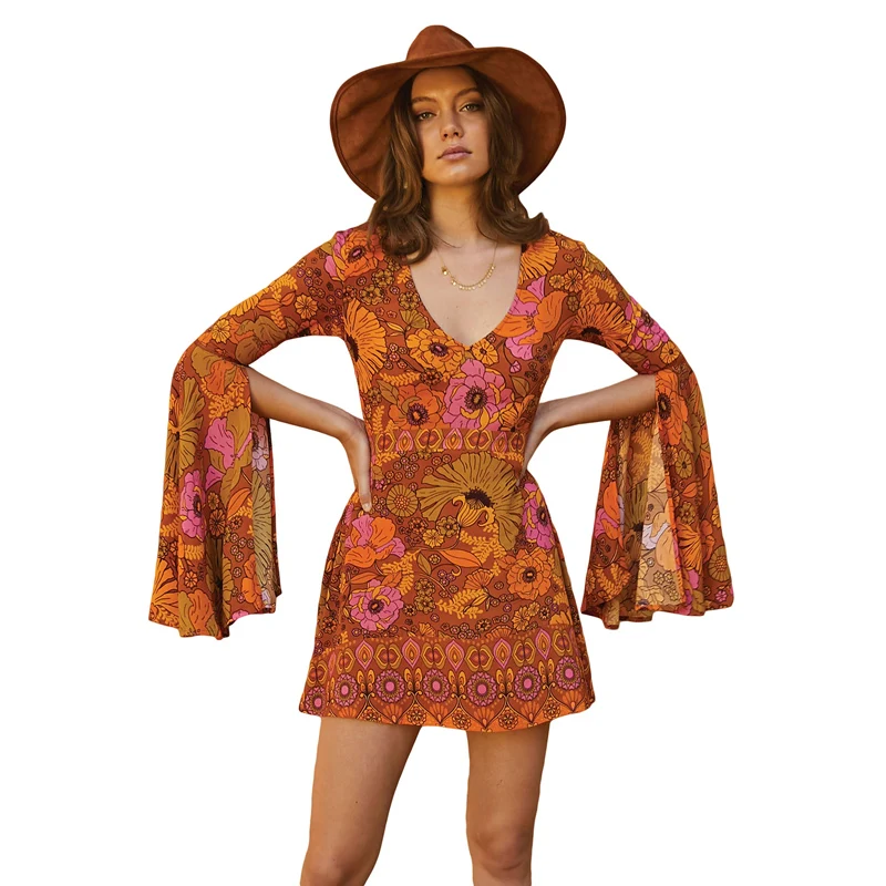 

2020 New Arrivals Long Sleeve V neck Mini Dress Sexy Summer Floral Print Dress