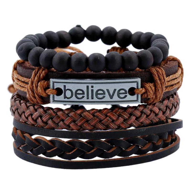 

Set Of 4 Brown Weaved Leather Bracelet Believe Leather Bracelet Wooden Bead Bracelet